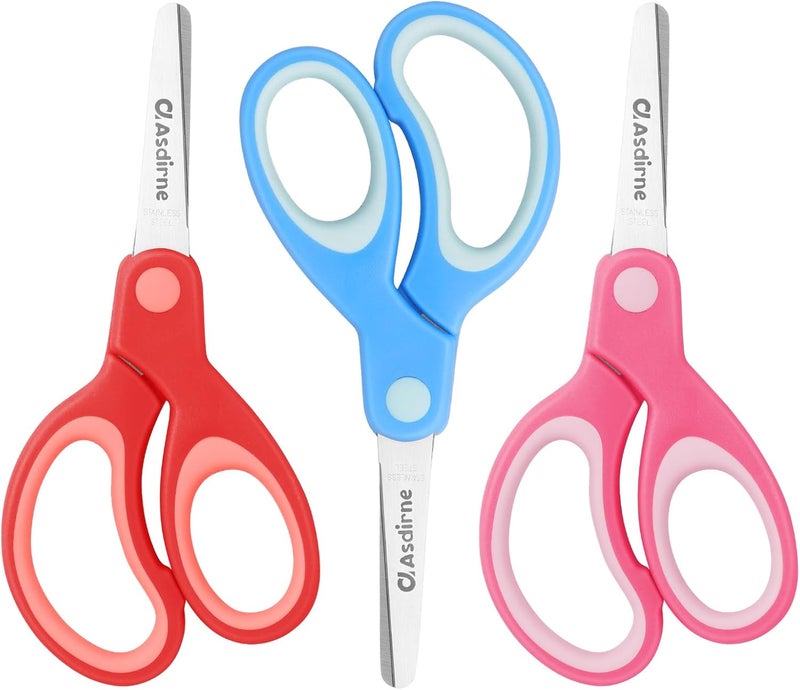 Asdirne Kids Scissors, Safety Children Scissors, Right-Handed, Stainless Steel Blades, Soft Grip, 3 Pack, Assorted Color, 13.5cm - Image 1